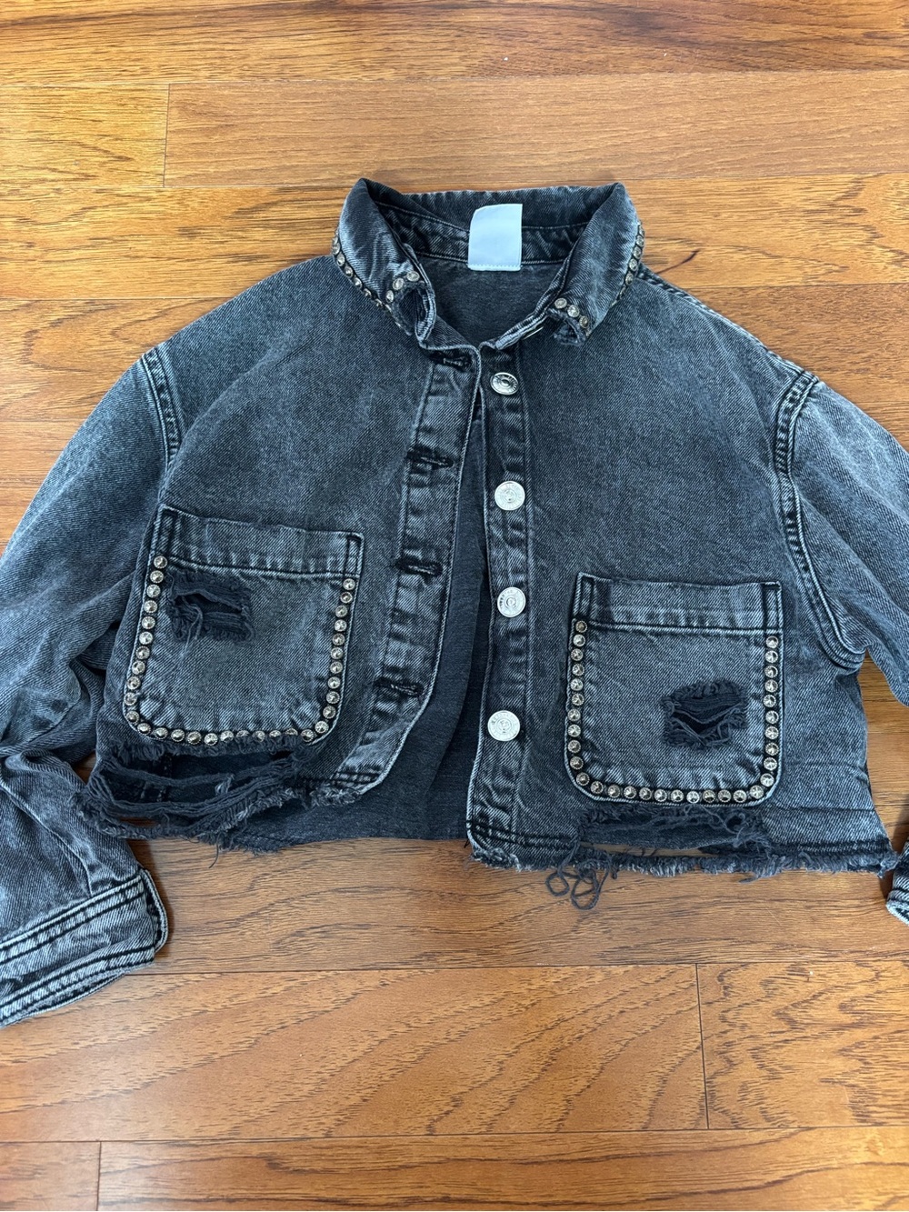 Zara Black Distressed Studded Cropped Jean Jacket - Kids